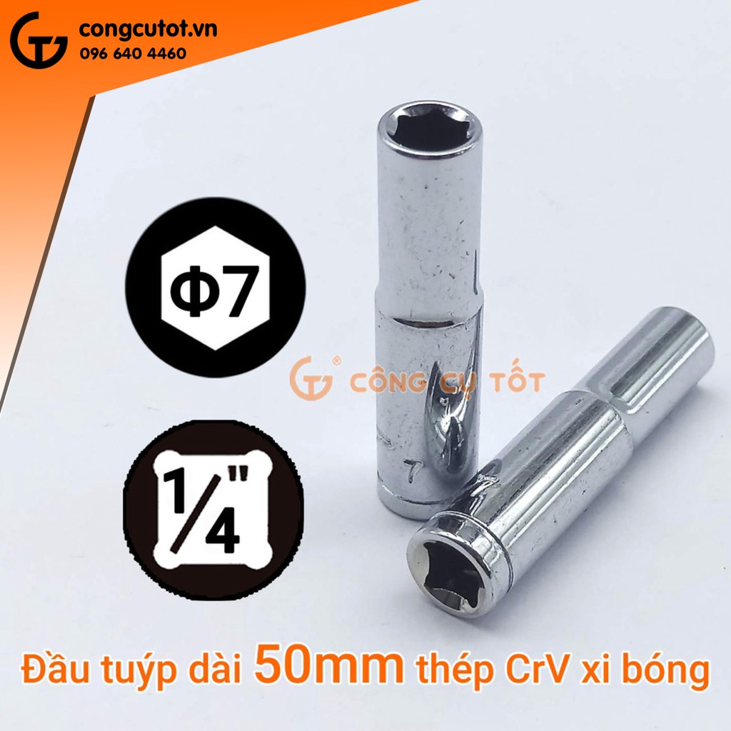 Đầu tuýp 1/4 dài 50mm thép CrV xi bóng