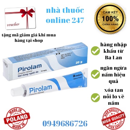 Kem bôi Pirolam tuýp 20g màu xanh lam từ Ba Lan,ngăn ngừa nấm da đầu, nấm da chân, nấm móng, nấm da đùi