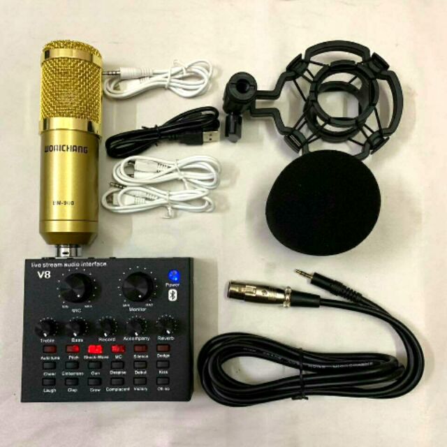 Combo bộ hát livestream mic BM900 và sound card V8 autotune bản quốc tế