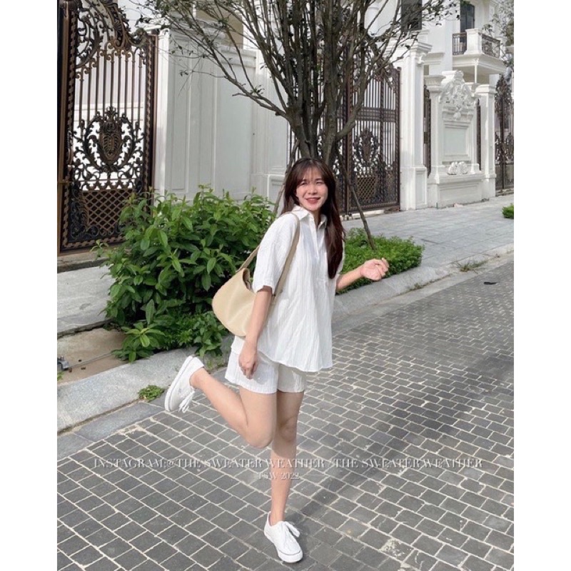 Sét Áo Sơ Mi Thắt Nơ Sau Kèm Quần Short Cạp chun Bộ Sơ Mi Tay Lỡ Ulzzang Unisex(Hàng Sẵn)