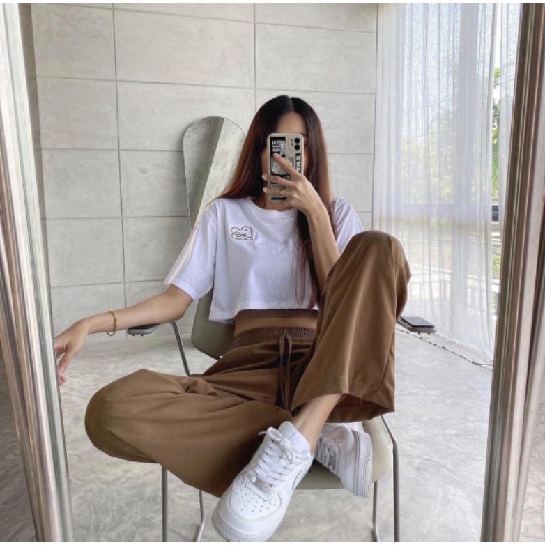 Sét 3 Món Croptop Thêu Hình Vintage- Bộ Thể Thao  Áo Croptop+ Áo 2 DâyTrẻ Trung +Quần Ống Suông Thoáng Mát