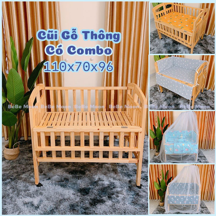Nôi Cũi, Giường Cũi Gỗ Thông BeBe Moon Cho Bé Màu Tự Nhiên Kích Thước [110x70x96] BH 24 Tháng