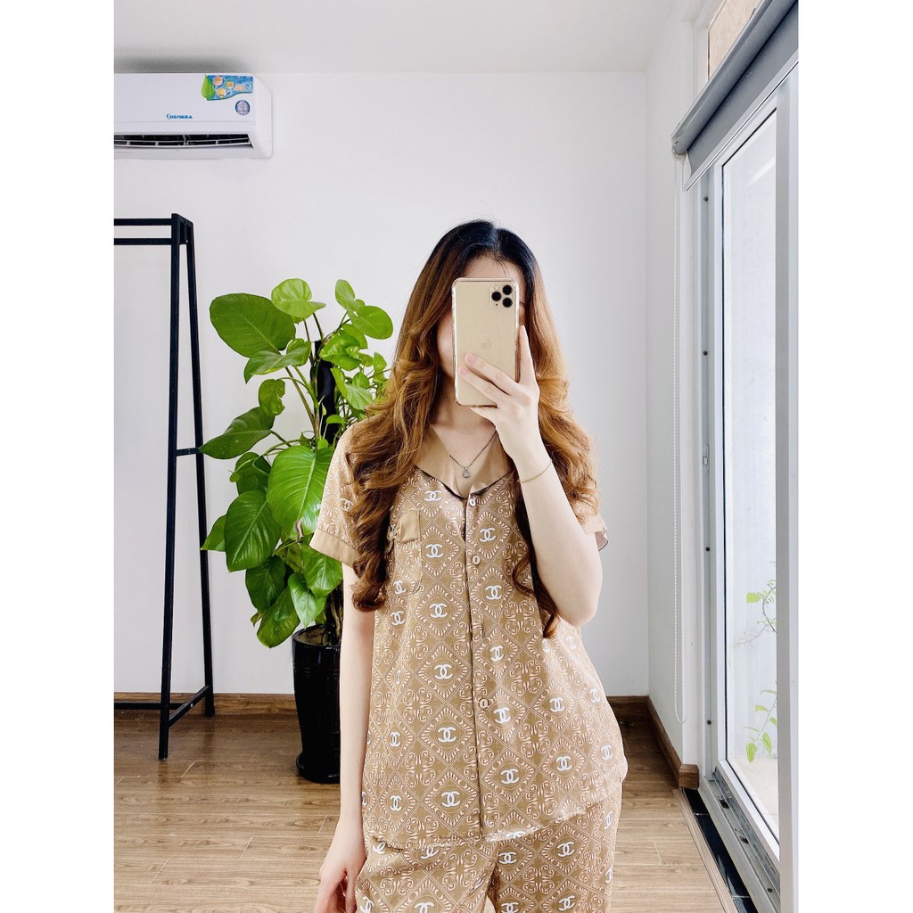 Bộ Pijama lụa giấy NOHK cao cấp mặc nhà cộc tay quần lửng họa tiết Cane