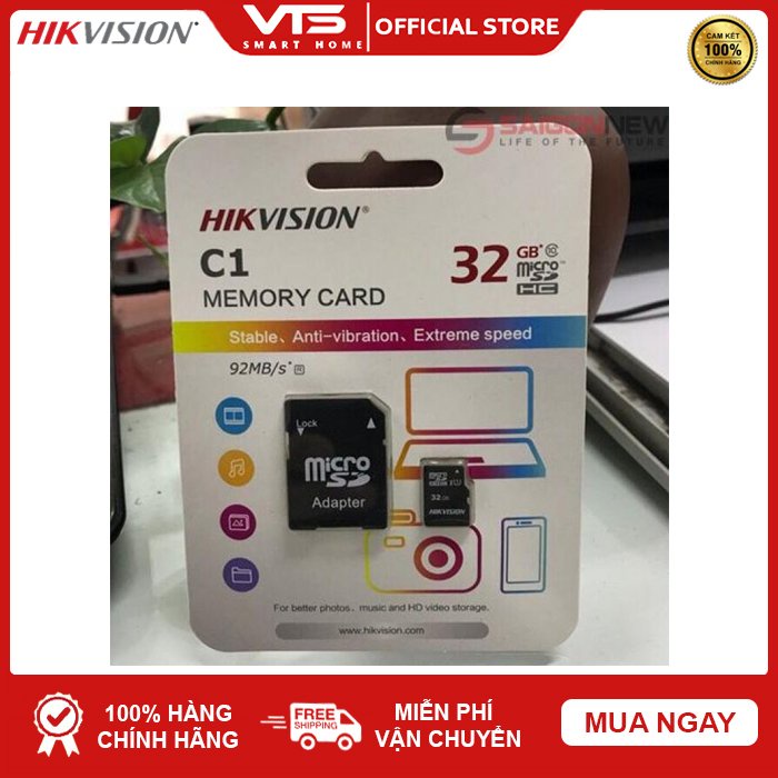 Thẻ nhớ 32GB HIKVISION Micro SD Class 10 C1 Upto 92MB/S - Chuyên Dụng Cho Camera - Bảo Hành 3 Năm - VTS