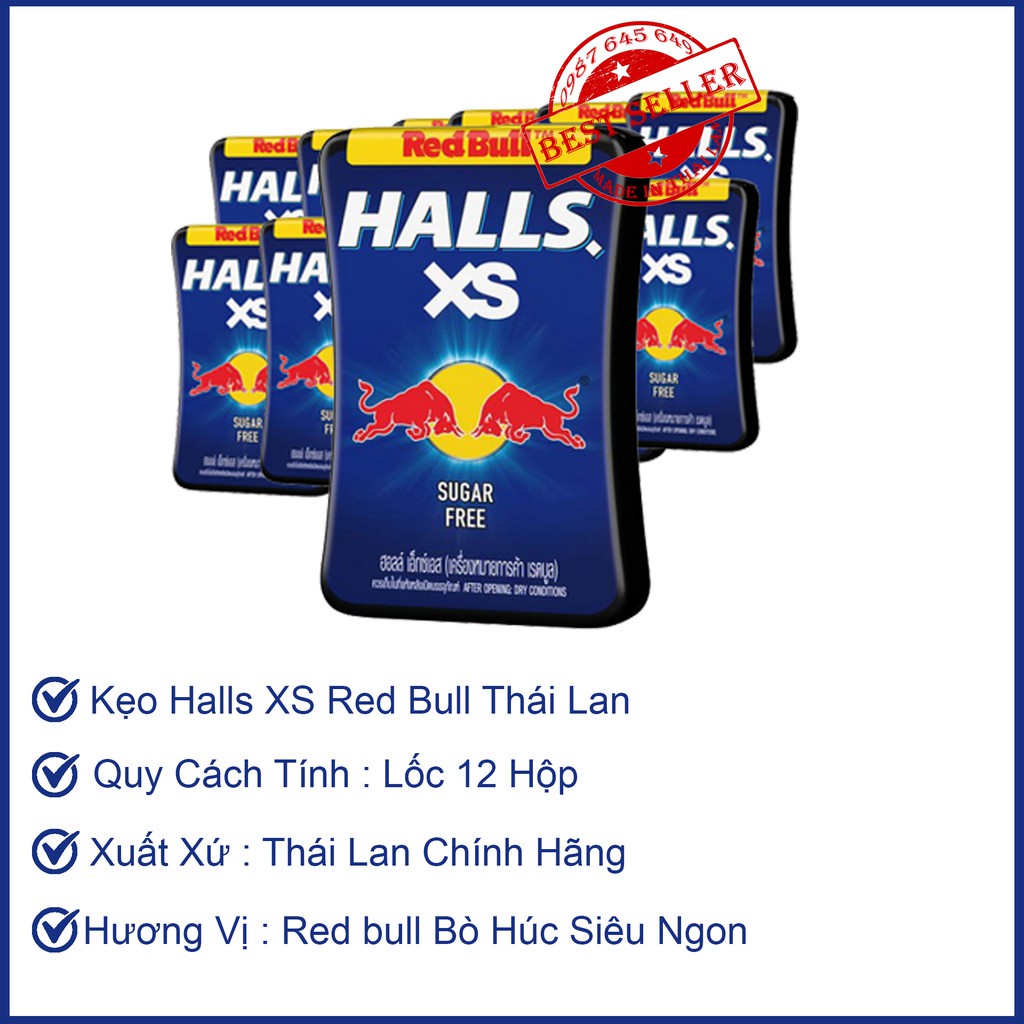 Một hộp kẹo viên ngậm không đuờng Halls Vị Redbull tăng lực Thái Lan