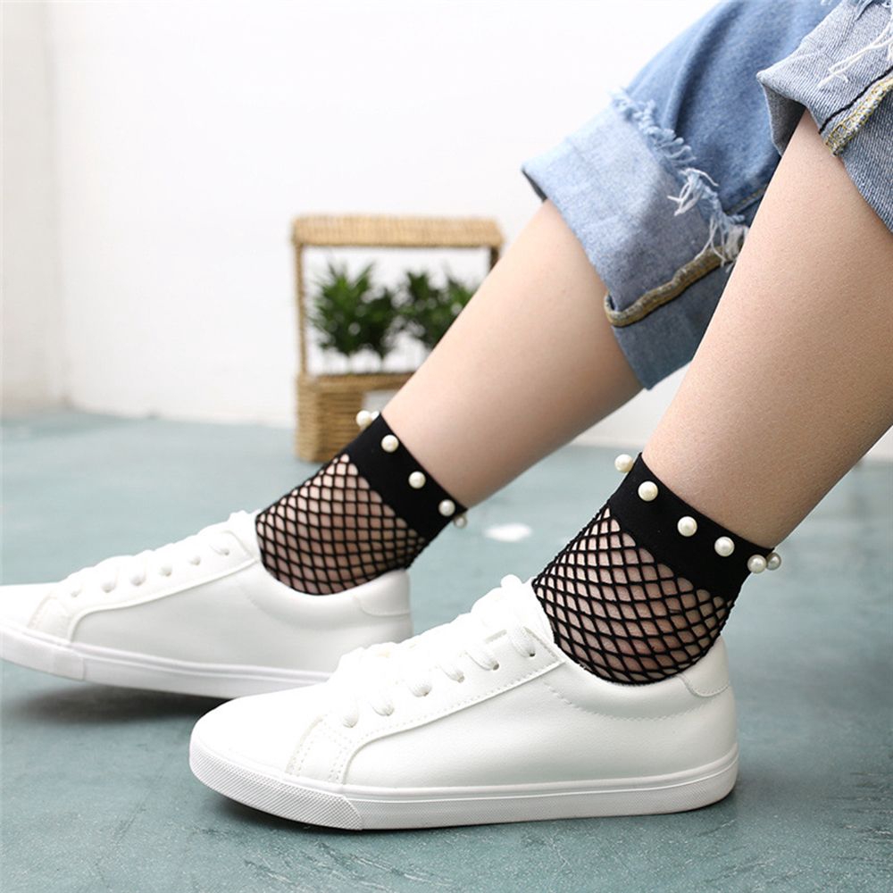OCEANMAP Summer Short Socks Breathable Fashion Women Ruffle Fishnet Ankle High Socks Pearl Mesh Lace Fish Net Socks