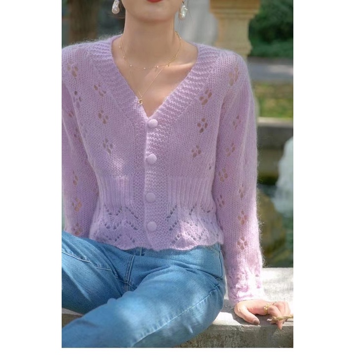 Áo Khoác Cardigan Dệt Kim Dáng Ngắn Màu Tím Phong Cách Hàn Quốc Thời Trang Cho Nữ