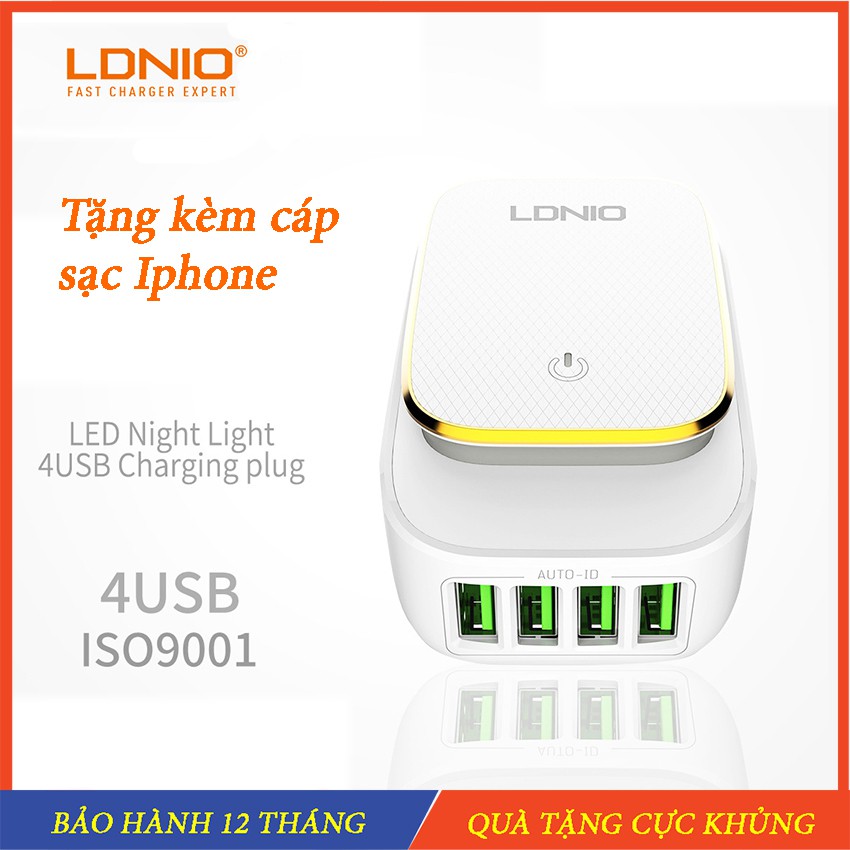 Sạc Nhanh 4 cổng, 3 cổng , 2 cổng USB Có đèn ngủ cảm ứng Tặng kèm dây sạc Iphone Thương hiệu LDNIO - Chính Hãng