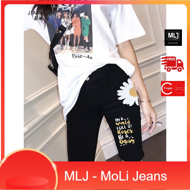 [60kg~90kg] Quần jean ngố / lửng BIGSIZE lưng cao, co dãn mạnh màu đen tuyền 2708 in hình mèo chuột hoa cúc