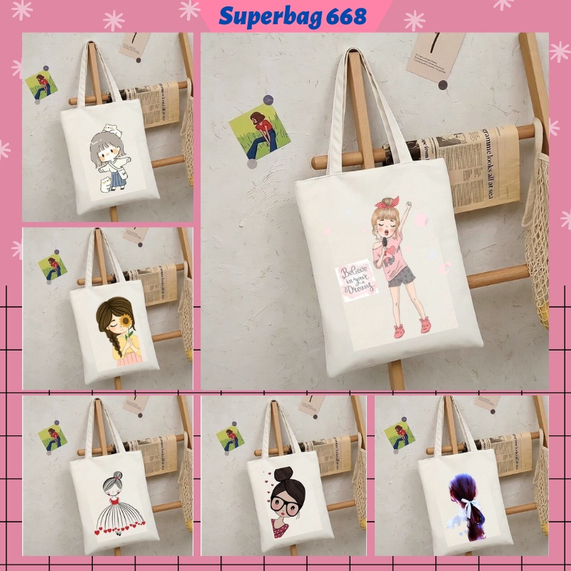 Túi tote túi vải canvas Hàn Quốc hoạ tiết đáng yêu đựng vừa A4 laptop đi chơi đi học HQ 215