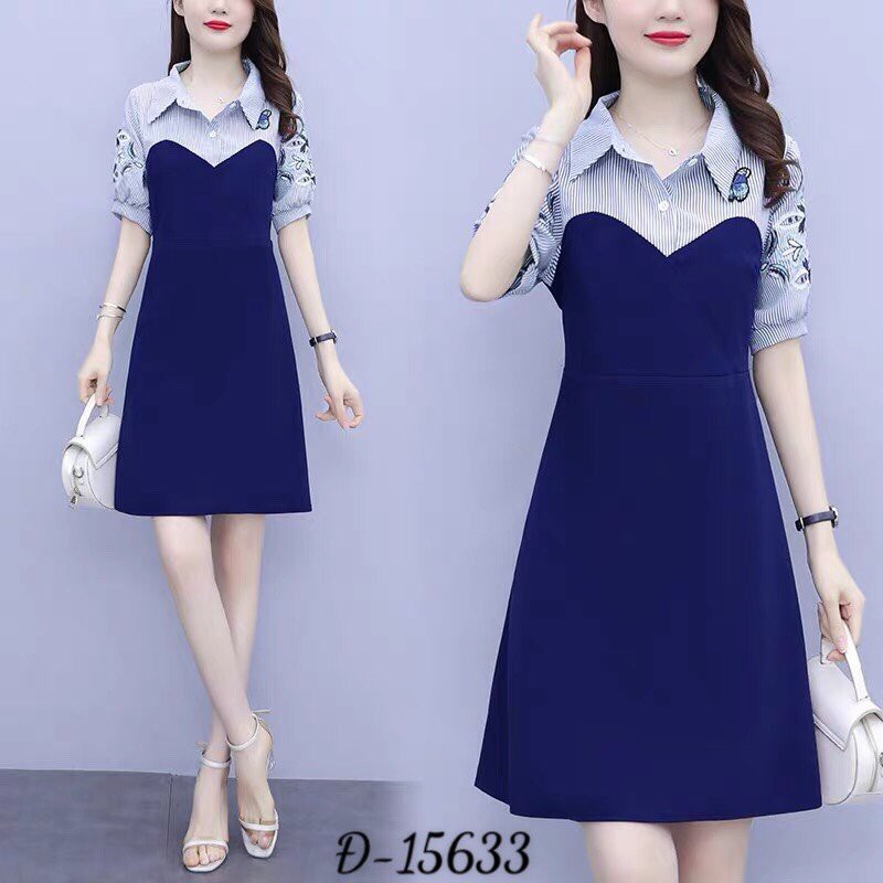 SALE Đầm BIGSIZE Phối Vai Sọc Thêu 15633