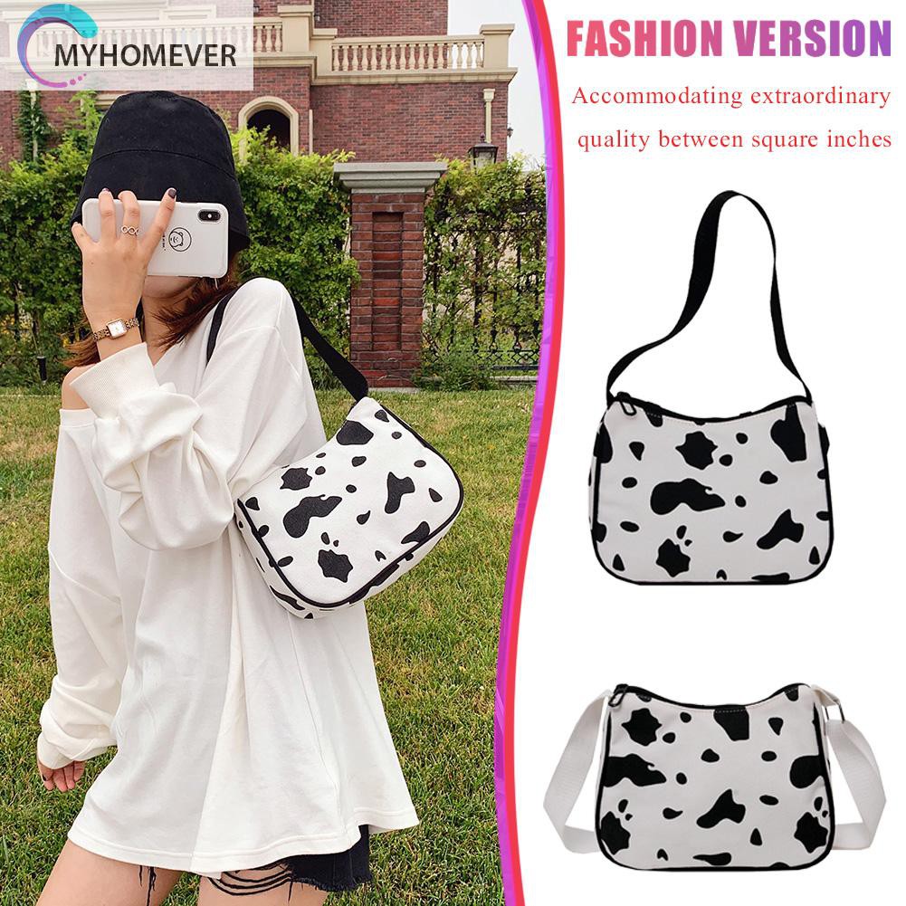 Túi Vải Canvas Đeo Chéo In Họa Tiết Bò Sữa Xinh Xắn Dành Cho Nữ
