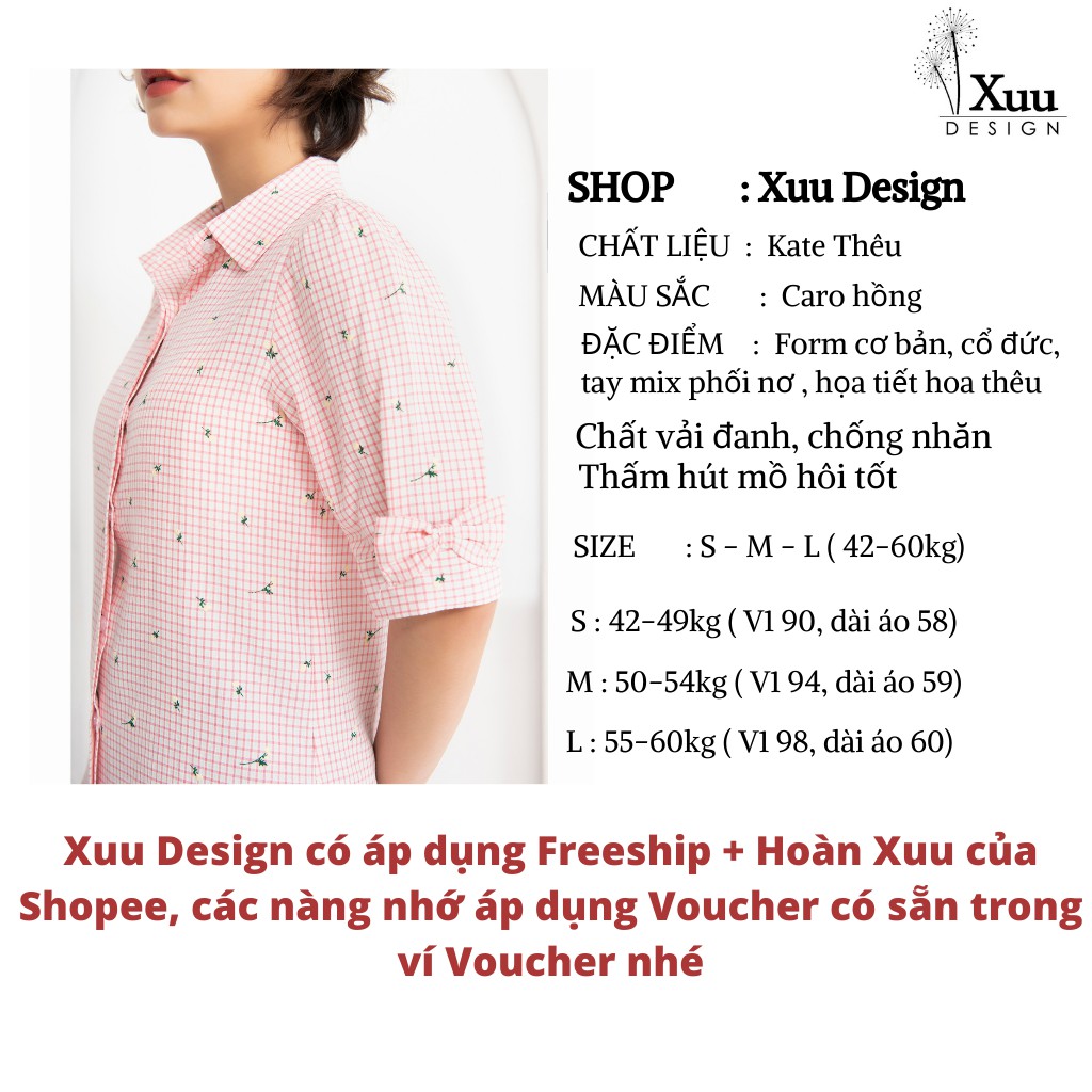 Áo sơ mi nữ công sở Xuu Design, Áo kiểu nữ tay ngắn họa tiết cộc tay phối nơ chất Kate cao cấp [BS07 caro hồng]