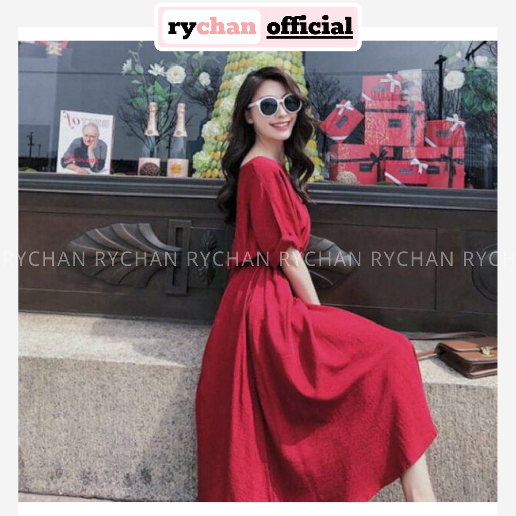 DX571 - Đầm Xòe Maxi Nhún Eo Phối Nút Sau Màu Đỏ [ẢNH THẬT CUỐI]