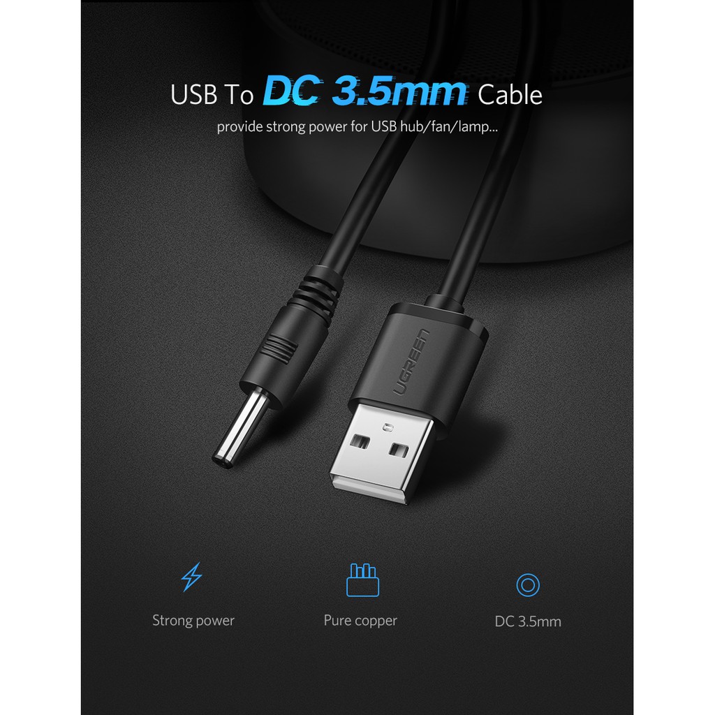 Dây chuyển nguồn USB 2.0 sang DC1.35 x 3.5mm Ugreen 50537 màu trắng(dài 1m)