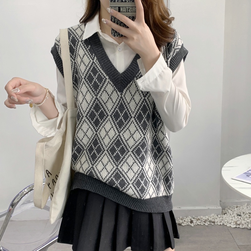 SUXI Áo Len Nữ Không Tay Cổ Chữ V Form Rộng Theo Phong Cách Vintage Đơn Giản