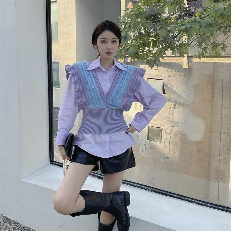 Set Áo Sơ Mi Tay Dài + Áo Len Không Tay Phong Cách Hàn Quốc Dành Cho Nữ