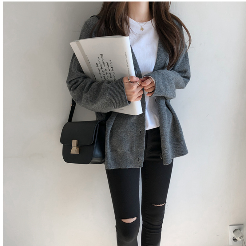 Áo khoác Sweater mỏng tay dài dáng rộng màu trơn phong cách Hàn Quốc retro