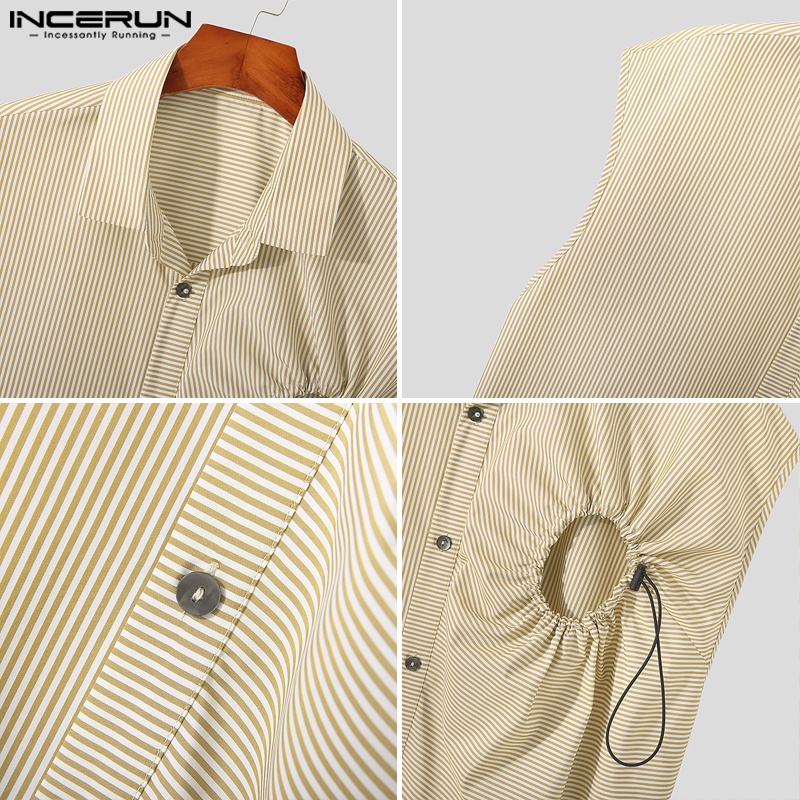 INCERUN Áo Sơ Mi Không Tay Họa Tiết Kẻ Sọc Thời Trang Mùa Hè Cho Nam