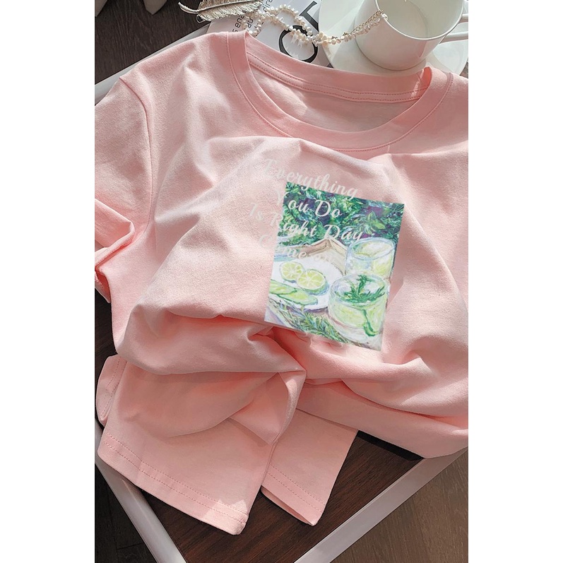 Áo thun HIIXIIVI 100% cotton tay ngắn cổ tròn in hình phong cách Hàn Quốc thời trang mùa hè 2022 cho nữ