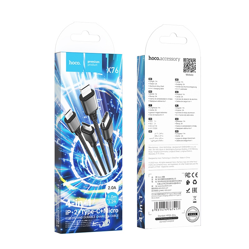 Dây Cáp Sạc Nhanh hoco x76 4 Trong 1 Cho Điện Thoại 13 12 11 android micro usb type c xiaomi samsung s22 s20 huawei
