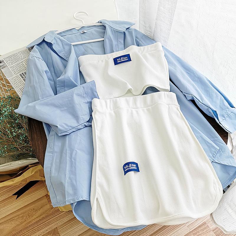 Set Áo Sơ Mi Cổ Bẻ + Áo Khoác Vest + Chân Váy Màu Sắc Thời Trang Xuân Thu Cho Nữ