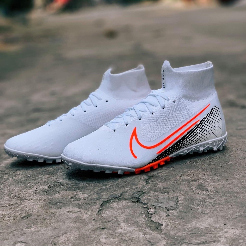 Giày Bóng Đá Mercurial Superfly 7 Elite Trắng Vạch Cam Cao Cổ TF