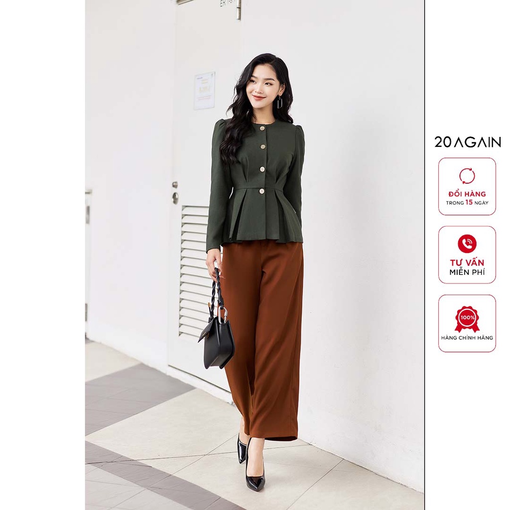 Áo sơ mi nữ dài tay cổ tròn 20AGAIN, thiết kế dáng peplum thanh lịch, chất liệu cao cấp ASA1919