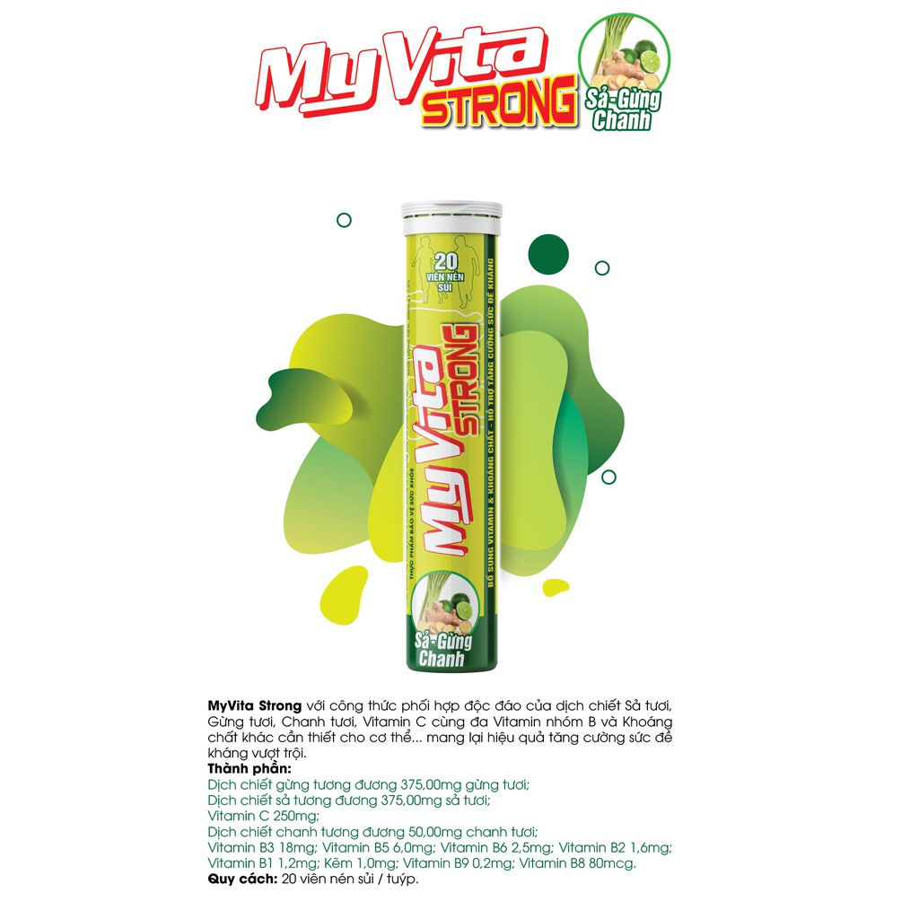 Viên sủi MyVita Strong (Sả-Gừng-Chanh) - Bổ sung Vitamin C, nhóm Vitamin B và Kẽm - Tăng cường đề kháng - Tuýp 20 viên