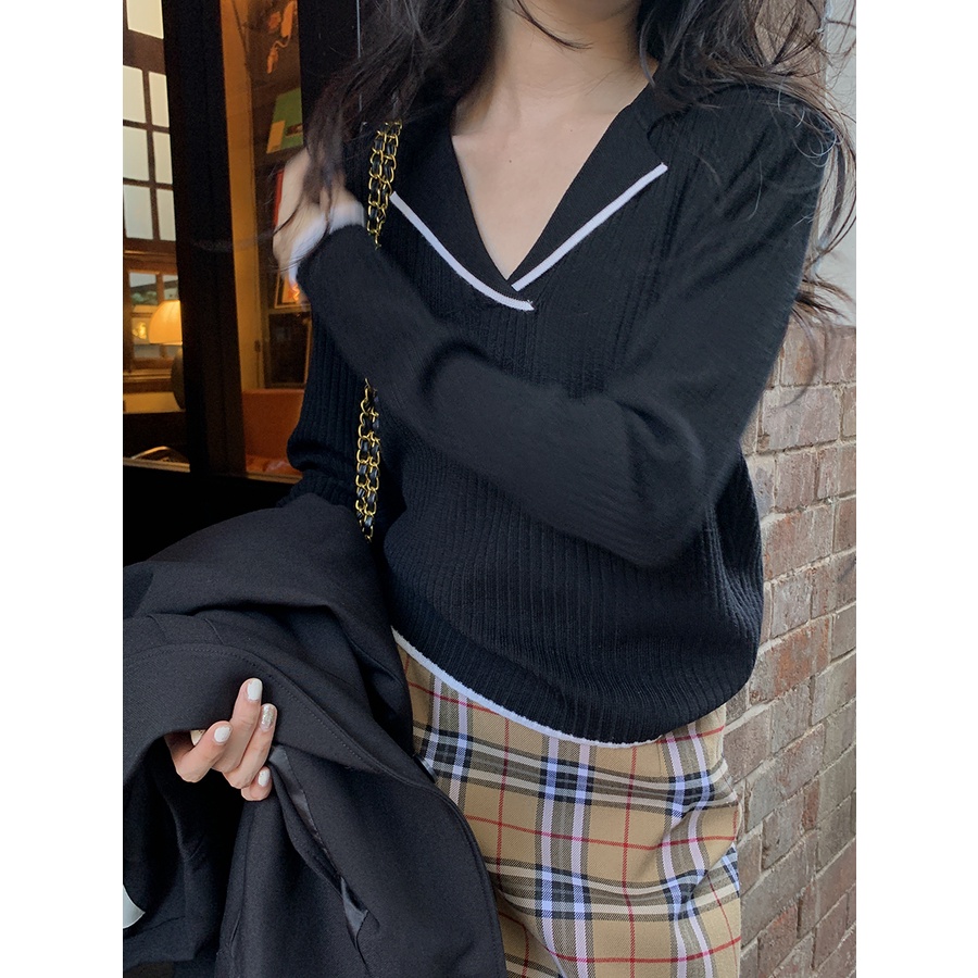 【ZHELIHANGFEI】Áo Sweater Tay Dài Cổ POLO Dáng Rộng Lưng Cao Dễ Phối Đồ