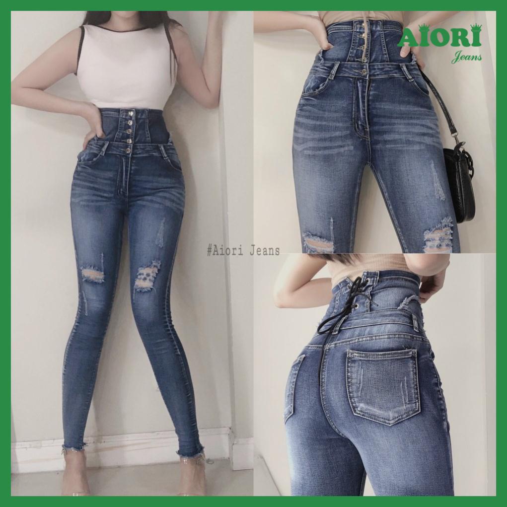 Quần Jeans Nữ - Quần Skinny Lưng Cao 5 Nút Thắt Dây Siết Eo Màu Xanh DX102