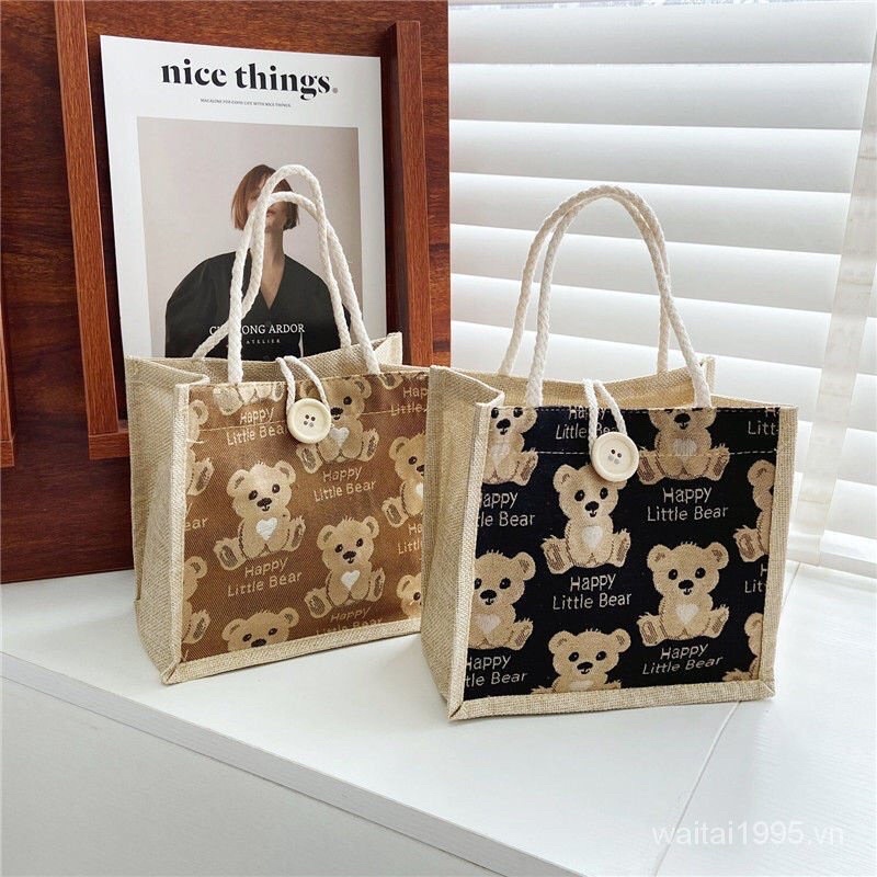 Túi cói vải mini hình gấu, túi tote canvas