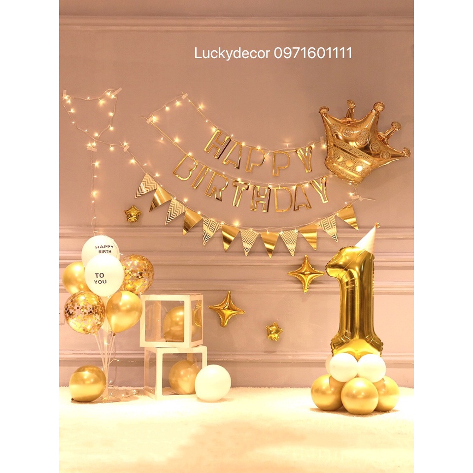 (Tặng Dây Đèn Led Lung Linh) Set Bóng Bay Trang Trí Sinh Nhật Tại Nhà - Tông Màu Vàng Sang Trọng
