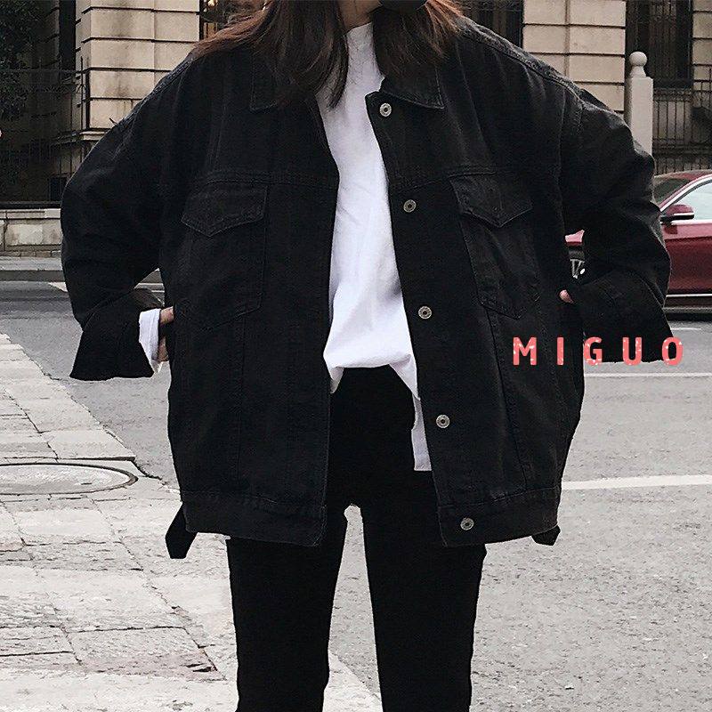 Áo khoác denim đen dáng rộng phong cách Hàn Quốc thời trang xuân thu cho nữ MIGUO 2021