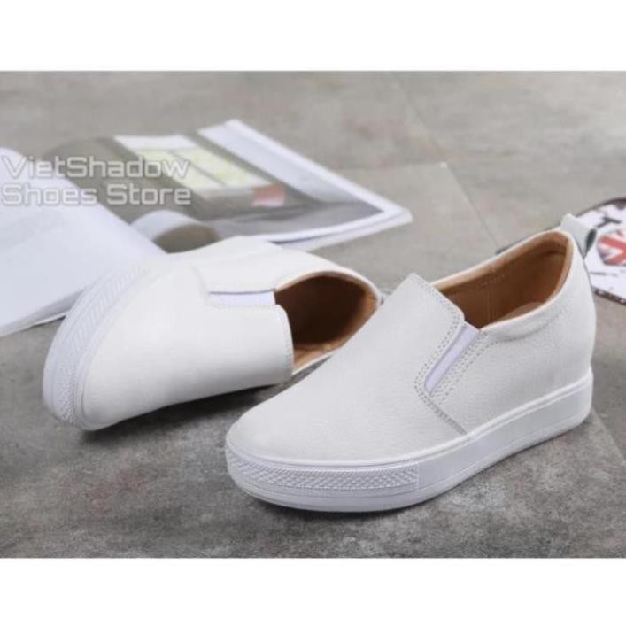 [Sale 3/3]Slip on da nữ đế xuồng - Giày lười da nữ độn đế - Chất liệu da bò màu (trắng) và (đen) - Mã SP: 9909 -pi9