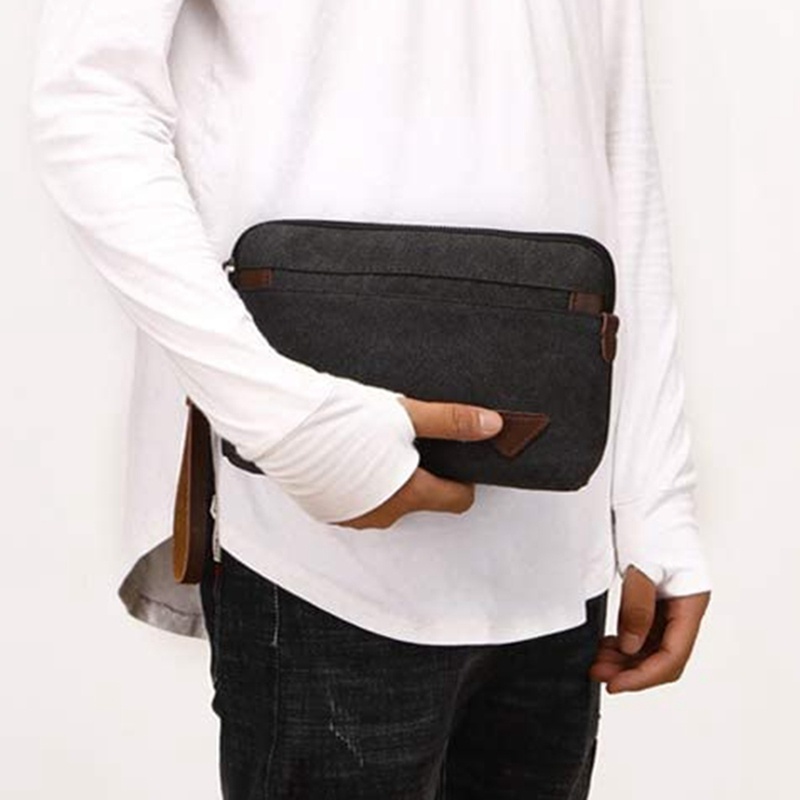 Ví cầm tay bằng vải canvas cỡ lớn có khóa kéo và dây đeo bằng da màu đen thời trang cho nam