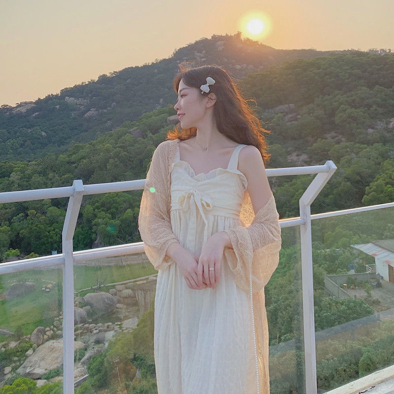 Đầm Hai Dây Dáng Dài Phối Ren Rỗng Chống Nắng Phong Cách Hàn Quốc Nhẹ Nhàng Dành Cho Bạn Nữ Mặc Khi Điều Hòa