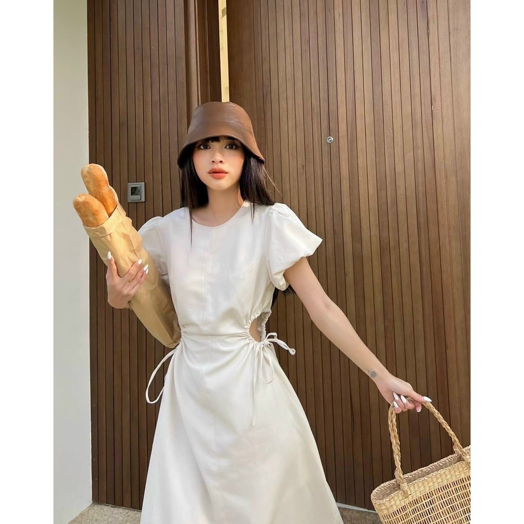 ĐẦM MIDI TAY PHỒNG KHOÉT EO