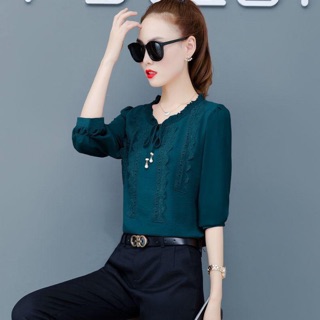 ÁO SƠ MI KIỂU CỔ BÈO PHỐI REN VIỀN HN3204