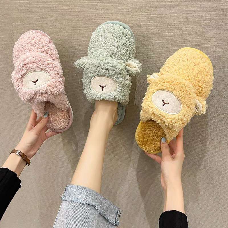 Dép Bông Lông Cừu Đi Trong Nhà Moki Mart Dày Ấm, Dép Mang Trong Nhà Hình Thú Dễ Thương, Đi 2 Kiểu Tiện Dụng