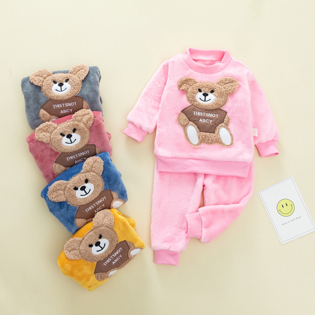 Bộ ngủ lông cừu hình gấu xinh xắn hàng quảng châu xịn đẹp cho bé 8-36kg