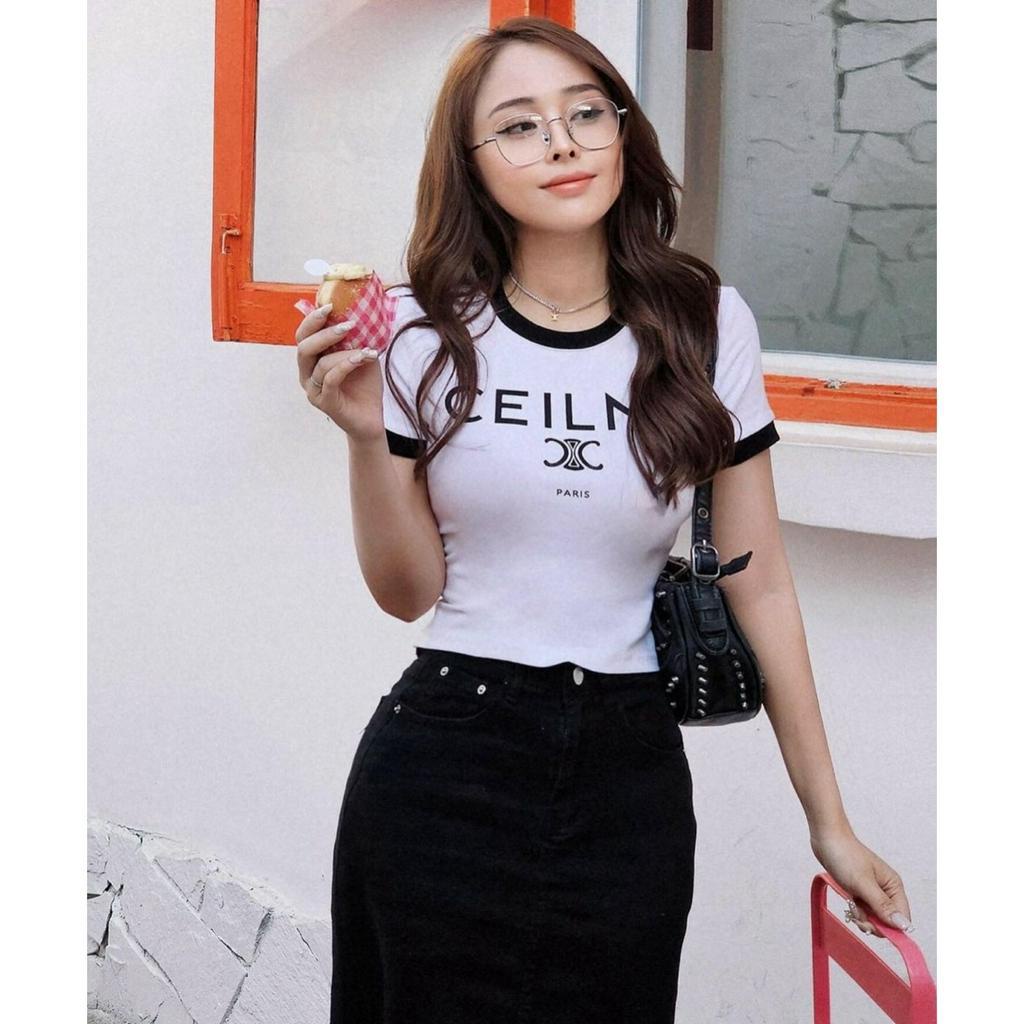 SET ÁO CROPTOP VIỀN ĐEN + CHÂN VÁY ĐEN MIDI SUÔNG (TH)