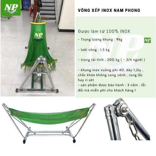 võng xếp inox khung vuông cỡ lớn kèm lưới võng NP01