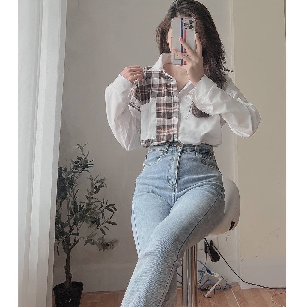Áo sơ mi phối kẻ caro đen , trắng cách điệu - Shirts dài tay form suông phối màu cá tính nữ hot