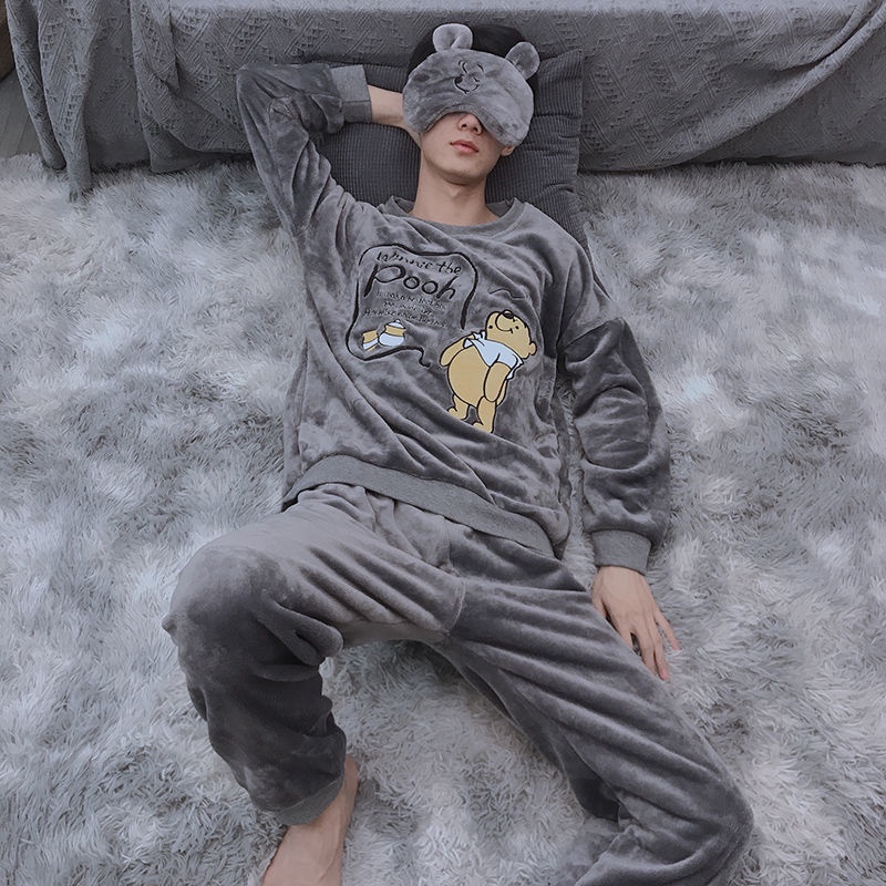 Bộ Đồ Ngủ Vải Lông Cừu San Hô Dày In Hoạt Hình Gấu Kiểu Hàn Quốc Thời Trang Thu Đông Cho Nam