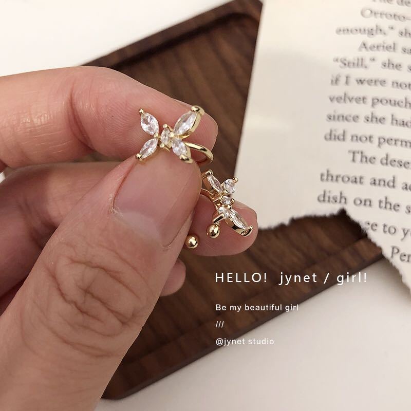 Khuyên Kẹp Vành Tai Hình Hoa/Bướm Đính Đá Zircon Phong Cách Nhật Bản Cho Nữ