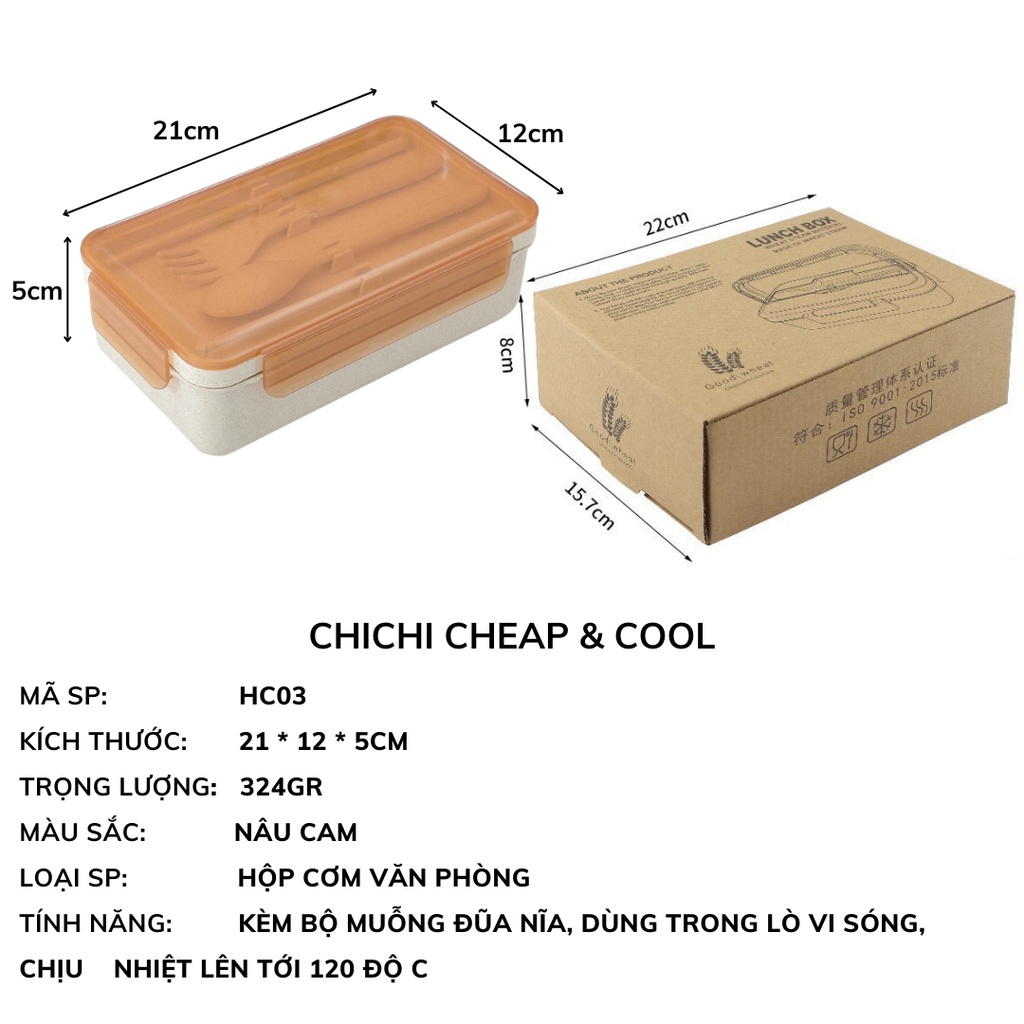 Hộp Cơm Văn Phòng lúa mạch 2 ngăn giữ nhiệt kèm muỗng đũa nĩa cao cấp ChiChi BDM05