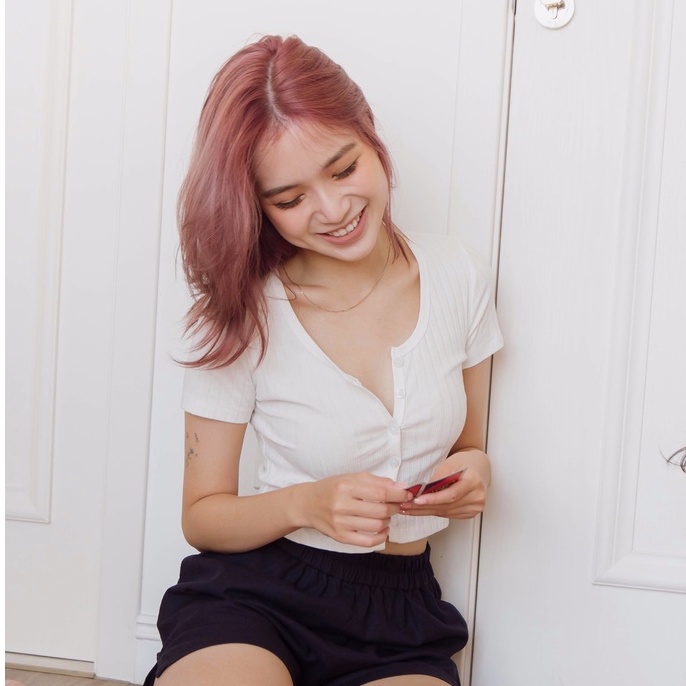 Áo croptop cổ tròn thun tăm cài khuy trước Mia Ritta A2085