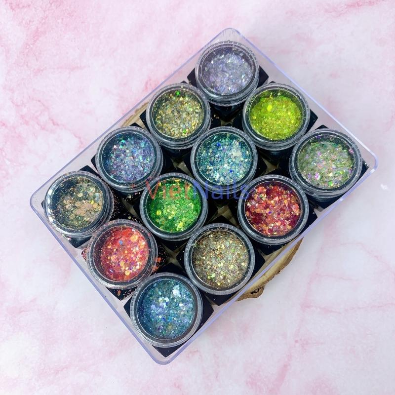 Set nhũ kim tuyến vảy cá 12 màu trang trí móng nail