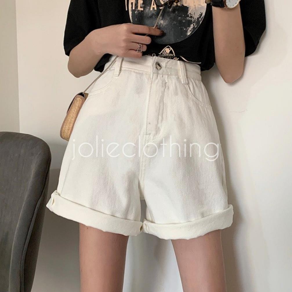 Quần Short Kaki Lửng Ulzzang Quần đùi denim ngố Ống rộng cạp cao trắng đen kem Dáng Hàn Quốc (có bigsize)  ཾ